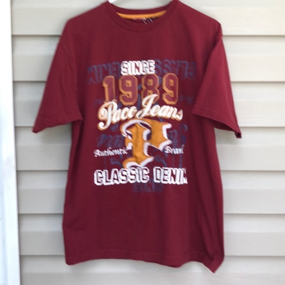 Paco Jeans men’s crimson, gold& white tee shirt
